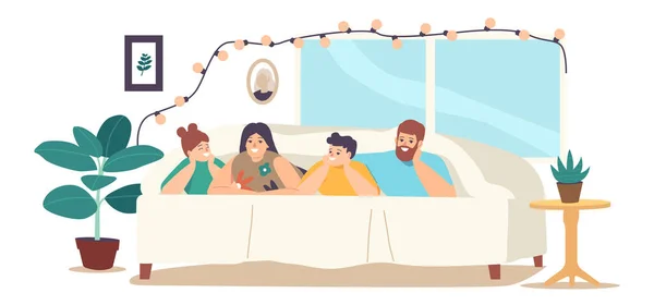 Boldog családi időt, édes élet pillanatokat. A szülők és a gyerekek otthon lazítanak. Karakterek alatt fekvő takaró az ágyon — Stock Vector