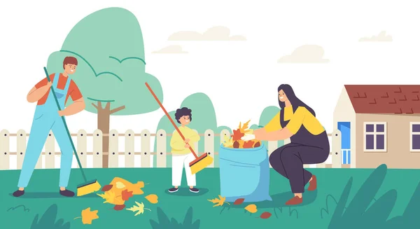 Happy Mother and Sons Garden Clean Up Works. Familienfiguren, die gemeinsam den Hinterhof putzen, Laub sammeln — Stockvektor