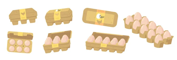 Conjunto de Huevos en Cajas Cerradas y Abiertas de Cartón, Producción de Agricultores, Elementos Orgánicos de Diseño de Alimentos Agrícolas, Iconos para el Mercado — Archivo Imágenes Vectoriales