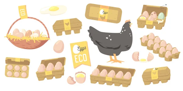 Set Eggs Farmer Production, Organic Farm Food Design Elements, Icons for Market Place, Store or Shop. Produção de aves de capoeira —  Vetores de Stock
