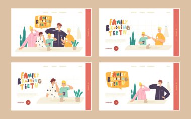 Mutlu Aile Karakterleri Diş Fırçası İniş Sayfa Şablonu Ayarlandı. Ebeveynler ve Çocuklar Tuvalette Diş Bakımı
