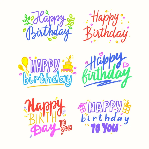 Feliz cumpleaños letras de dibujos animados, frases coloridas para la tarjeta de felicitación con globos, pasteles y cajas de regalo. Vacaciones — Vector de stock