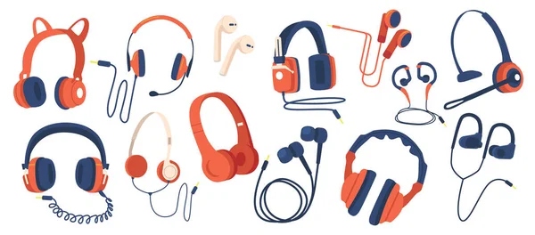 Sada sluchátek, drátová a bezdrátová sluchátka, audio zařízení pro poslech hudby. Sluchátka pro izolovaný smartphone — Stockový vektor