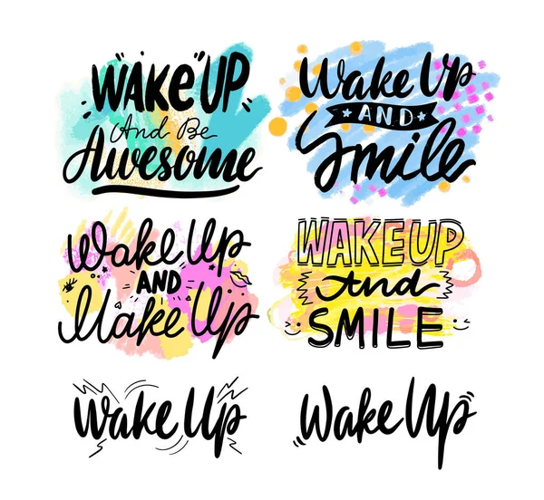 Wake Up and Smile Banner, Typographie créative avec des éléments de bande dessinée isolés sur fond blanc. Cartes de souhaits — Image vectorielle