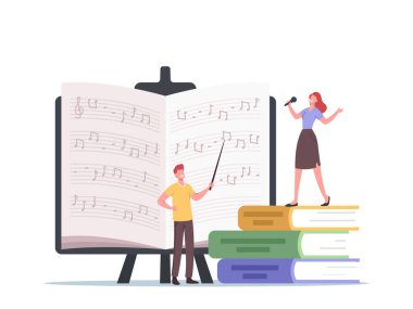 Pointer and Student Sing ile Küçük Karakterler Öğretmeni, Büyük Ders Kitapları 'nda Öğrenme Notları Duruyor. Vokalist Ses Dersleri Al
