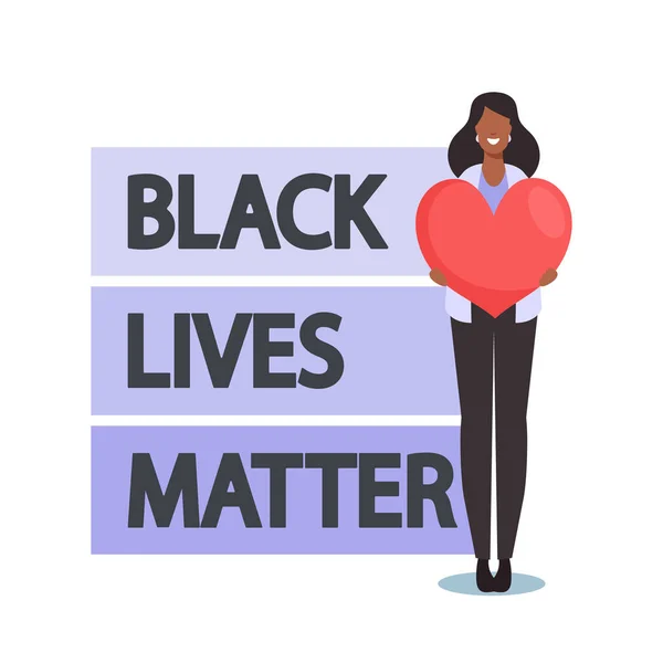 Manifestant anti-raciste Caractère africain avec le coeur près de Black Lives Matter signe de protestation contre la discrimination raciale — Image vectorielle