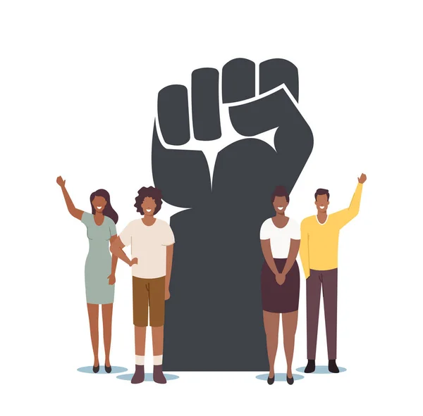 La vida de los negros importa, Blm. Pequeños personajes negros alrededor de la Mano Elevada Enorme. Campaña por la igualdad contra la discriminación — Vector de stock