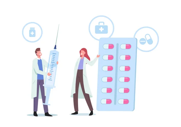 Maličké doktorské postavy v lékařském plášti držící obrovské injekční stříkačky a pilulky tablety léku v blistru. Léčba nemocí — Stockový vektor