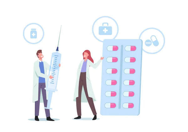 Caractères de docteur minuscules dans la robe médicale tenant la seringue énorme et pilules comprimés de médicaments sous plaquette thermoformée. Traitement de la maladie — Image vectorielle