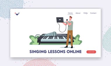 Şarkı Söyleyen Dersler Çevrimiçi İniş Şablonu. Dev Sentezleyici 'de mikrofon ve dizüstü bilgisayarla Tiny Male Character Sing. Vokalist Vokal Sınıfları Ses Eğitimi Şarkıları. Çizgi film Vektör İllüstrasyonu