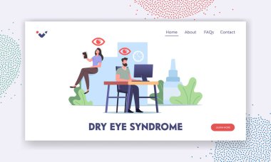 Kuru Göz Sendromu İniş Şablonu. Ofis İşçisi Karakterleri DES ve Conjunctivitis Hastalığı