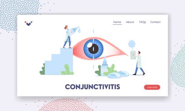 Conjunctivitis İniş Sayfa Şablonu. Tiny Doctors Karakterleri Büyük İnsan Gözü Acı Çekerek Damlıyor