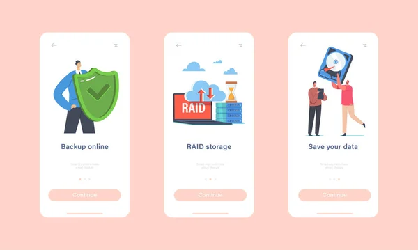 Back-up Online, Raid Storage Mobile App Page Onboard Screen Template. Kleine karakters met enorm beschermend schild — Stockvector