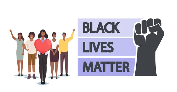 Black Lives Matter, Blm. Чернокожие персонажи с сердцем и поднятыми руками вместе. Кампания за равноправие — стоковый вектор