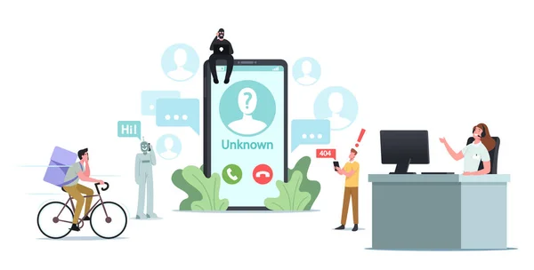 Winzige Schriftzeichen am riesigen Smartphone nehmen Anruf von Unbekannter an. Betrüger, Anrufdienst oder Bot-Call zum Abonnenten — Stockvektor