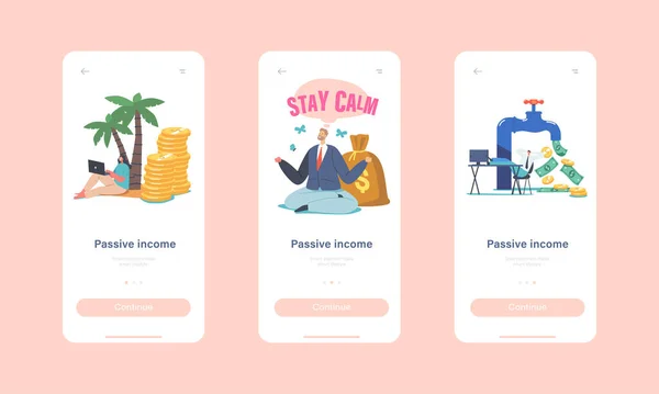 Passives Einkommen Mobile App Seite Onboard Screen Template. Winzige Schriftzeichen um riesigen Wasserhahn mit Geldfluss, Börse — Stockvektor