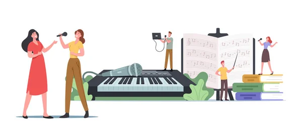 Tiny Characters at Huge Synthesizer Take Musical Vocal Lessons Training Voice and Singing Songs. Les gens développent le talent — Image vectorielle