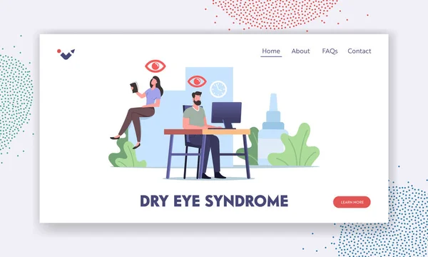 Dry Eyes Syndrome Landing Page Template. Office Worker Characters Suffering of DES, and Conjunctivitis Disease — Stock Vector