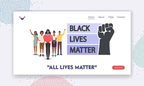 Templat Black Lives Matter Landing Page. Black Characters with Heart dan Raised Hands Together. Kampanye Kesetaraan - Stok Vektor