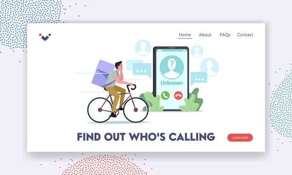 Averigua quién está llamando a la plantilla de landing page. Mensajero Entrega de llamadas de alimentos en el teléfono inteligente del cliente desde un número desconocido — Vector de stock