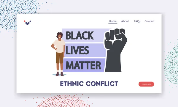 Ethnic Conflict Landing Page Template. African Character With Black Lives Matter Sign with Raised Hand. Protest — Stock Vector