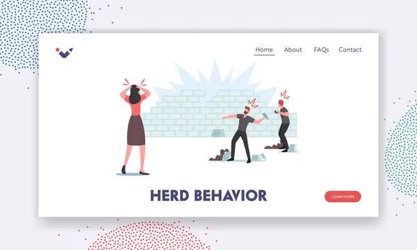 Dano, Conflito, Pânico, Tiro, Comportamento de rebanho agressivo Landing Page Template. Personagens atirar pedras na parede de tijolo — Vetor de Stock