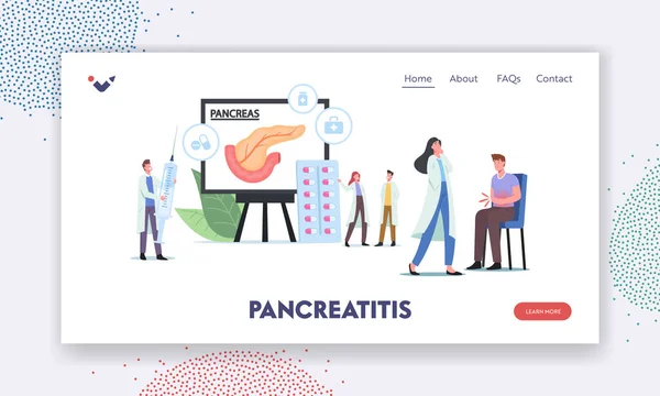 Pancreatitis Diagnose, Pancreas Ziekte Symptomen Landing Page Template. Arts Karakters Verzorging van patiënt met ziekte — Stockvector