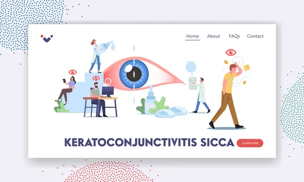 Keratoconjunctivitis Sicca Landing Page Template. Tiny Characters around of Huge Eye. People Suffer of DES, Visit Clinic — Stock Vector