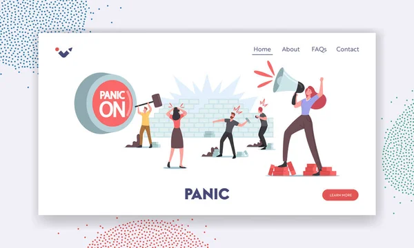 Plantilla de landing page de pánico, violencia, comportamiento agresivo. Los personajes masculinos lanzan piedras, la mujer grita al altavoz — Archivo Imágenes Vectoriales