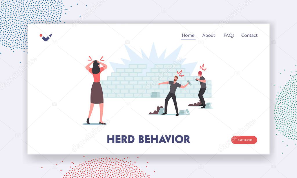 Damage, Conflict, Panic, Looting, Aggressive Herd Behavior Landing Page Template. Characters Throw Stones in Brick Wall