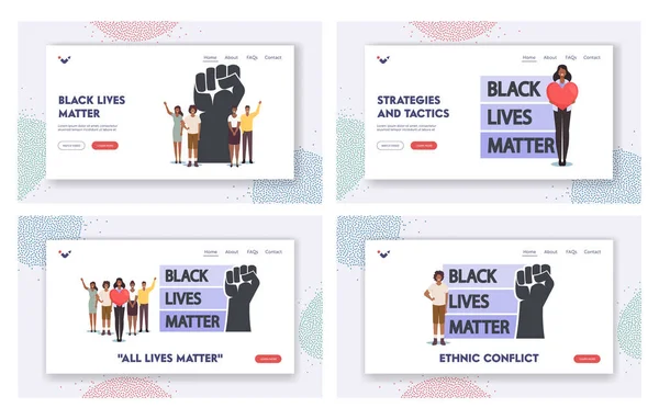Black Lives Matter Landing Page Template Set. Black Characters with Heart dan Raised Hands. Kampanye Kesetaraan - Stok Vektor