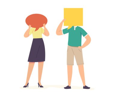 Erkek ve Kadın Karakterler Konuşma Baloncukları Yüzleriyle İletişim kuruyor. İnsanlar konuşuyor, konuşuyor, tartışıyorlar.