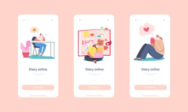 Online Günlük Mobil Uygulama Sayfası Ekran Şablonu. Dev Günlük Yazı Notları, Planlama Anlaşmaları 'nda Küçük Kadın Karakterleri
