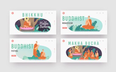 Makha Bucha İniş Sayfa Şablonu Ayarlandı. Buda geceleri Budist rahiplerle çevrili Bodhi Ağacı 'nın altında Lotus' ta oturur.