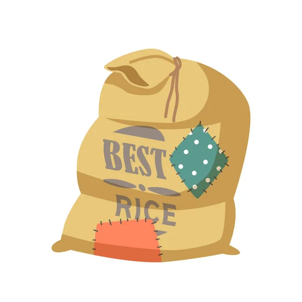 ( 영어 ) Best Rice Cartoon Sack with Funny Patches, Textile Bags with Agricultural Farm Production in Brown Bale Tied with Rope — 스톡 벡터