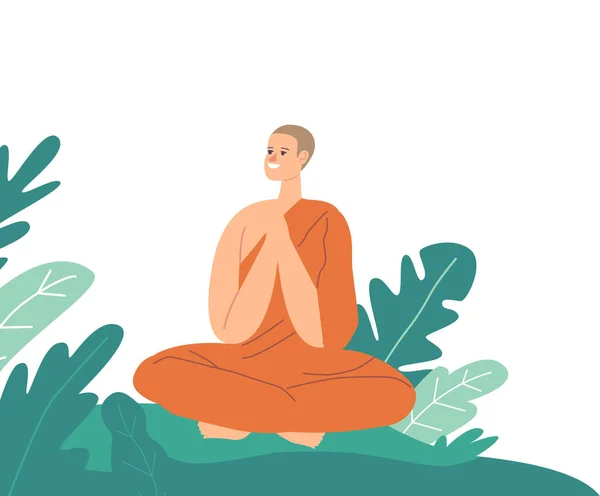 Monje budista sentado en postura de loto usando una túnica naranja orando o meditando al aire libre. Meditación de carácter budista — Archivo Imágenes Vectoriales