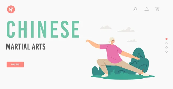 Modèle de page de débarquement des arts martiaux chinois. Elderly Woman Tai Chi Exercises, Class for Senior People. Exercice en plein air — Image vectorielle