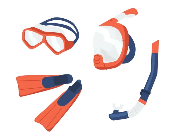 Máscaras de snorkel y aletas aisladas sobre fondo blanco. Equipo de buceo Vasos, boquilla Tubo y aletas — Vector de stock