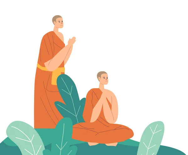 Monjes budistas con túnicas naranjas rezando o meditando al aire libre. Personajes Budistas Meditación, Estilo de Vida Religioso — Vector de stock