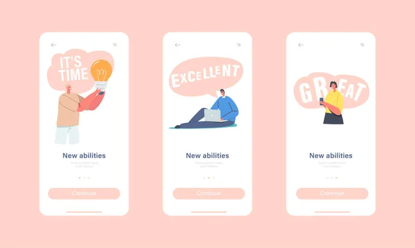 Pagina delle nuove abilità Mobile App Modello a bordo dello schermo. Piccolo personaggio che tiene enorme lampadina, uomo d'affari che utilizza il computer portatile — Vettoriale Stock