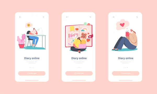 Online dagboek Mobile App Page Onboard Screen Template. Kleine vrouwelijke karakters bij Enorme Dagboek Writing Notes, Planning Deals — Stockvector