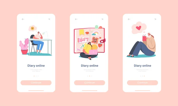 Online dagbok Mobilapp Page Onboard Screen Mall. Små kvinnliga karaktärer vid enorma dagbok skriva anteckningar, planering erbjudanden — Stock vektor