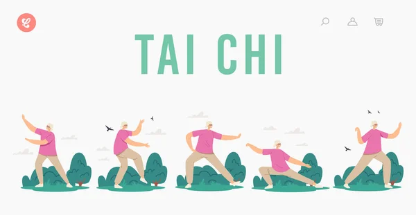 Plantilla de Landing Page Tai Chi. Mujer mayor Ejercicio para una flexibilidad y bienestar saludables. Entrenamiento de carácter sénior — Archivo Imágenes Vectoriales