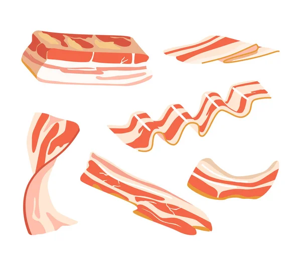 Conjunto de tiras de bacon cruas ou defumadas, fatias magras de carne de porco, comida deliciosa de carne isolada em fundo branco —  Vetores de Stock