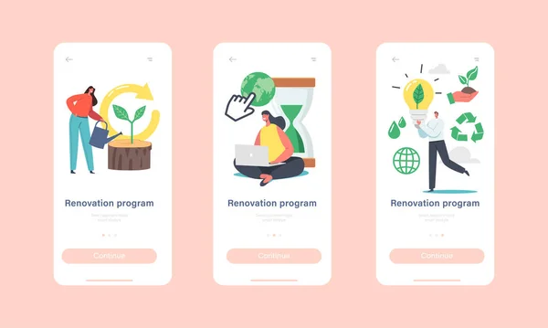 Programa de renovação Mobile App Page Onboard Screen Template. Personagens Use Gadgets, Plantio de árvores, Proteção Ecológica — Vetor de Stock