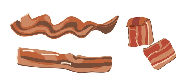 Set de rebanadas de tocino frito, tiras finas, deliciosa comida para el desayuno. Arandelas, Carne de cerdo grasa ahumada Snack aislado — Vector de stock