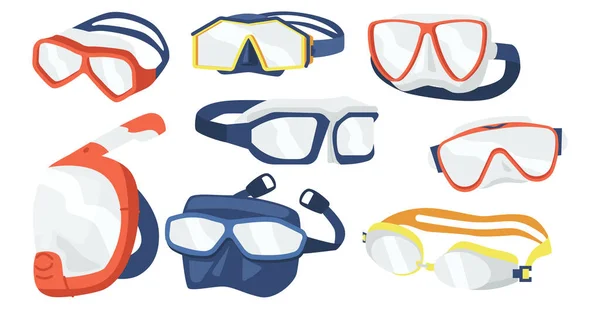 Conjunto de Máscaras de Snorkel Iconos, Equipo de Buceo de Diseño Diferente. Gafas subacuáticas, Tubo de boquilla para nadar — Vector de stock