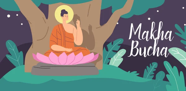 Makha Bucha wenskaart. Boeddha Karakter Zittend onder Bodhi Boom in Roze Lotus Bloem 's nachts. Religieus begrip — Stockvector