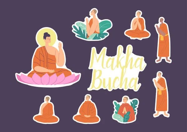 Set van Stickers Makha Bucha Holiday. Boeddha Zittend in Lotusbloem, Boeddhisten Monniken die Oranje gewaden dragen Bidden — Stockvector