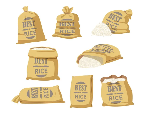 Cartoon Set of Sacks com melhor tipografia de arroz. Sacos têxteis com produção agrícola em fardos castanhos, sacos fechados e abertos — Vetor de Stock